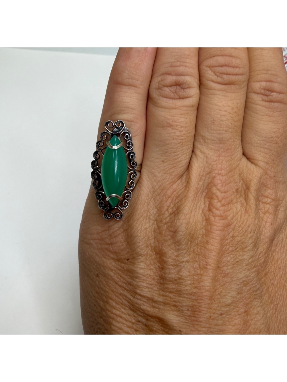 Sterling filigree chrysoprase Beau Jewels ring size 5 vintage 50s/60s